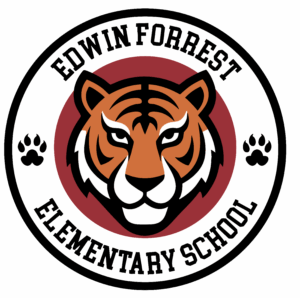 Edwin Forrest Elementary School circular logo with a tiger mascot at the center and the school name around the border.