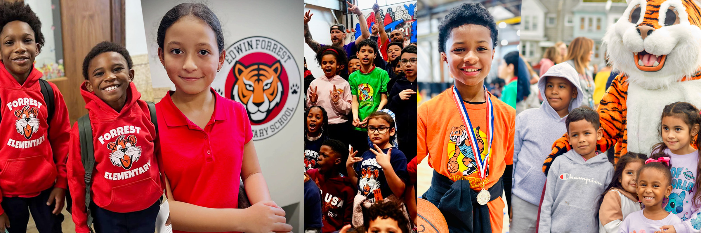 Students at Edwin Forrest Elementary School smiling and participating in school activities, including classroom learning, assemblies, and celebrations featuring the school tiger mascot.
